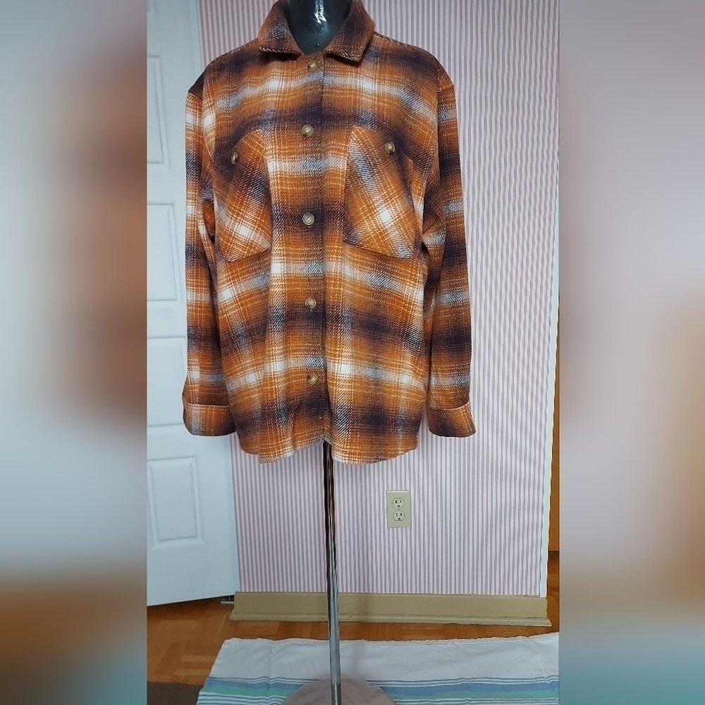 Western Grunge Buffalo David Bitton Rust Orange Plaid Shirt Jacket Cozy